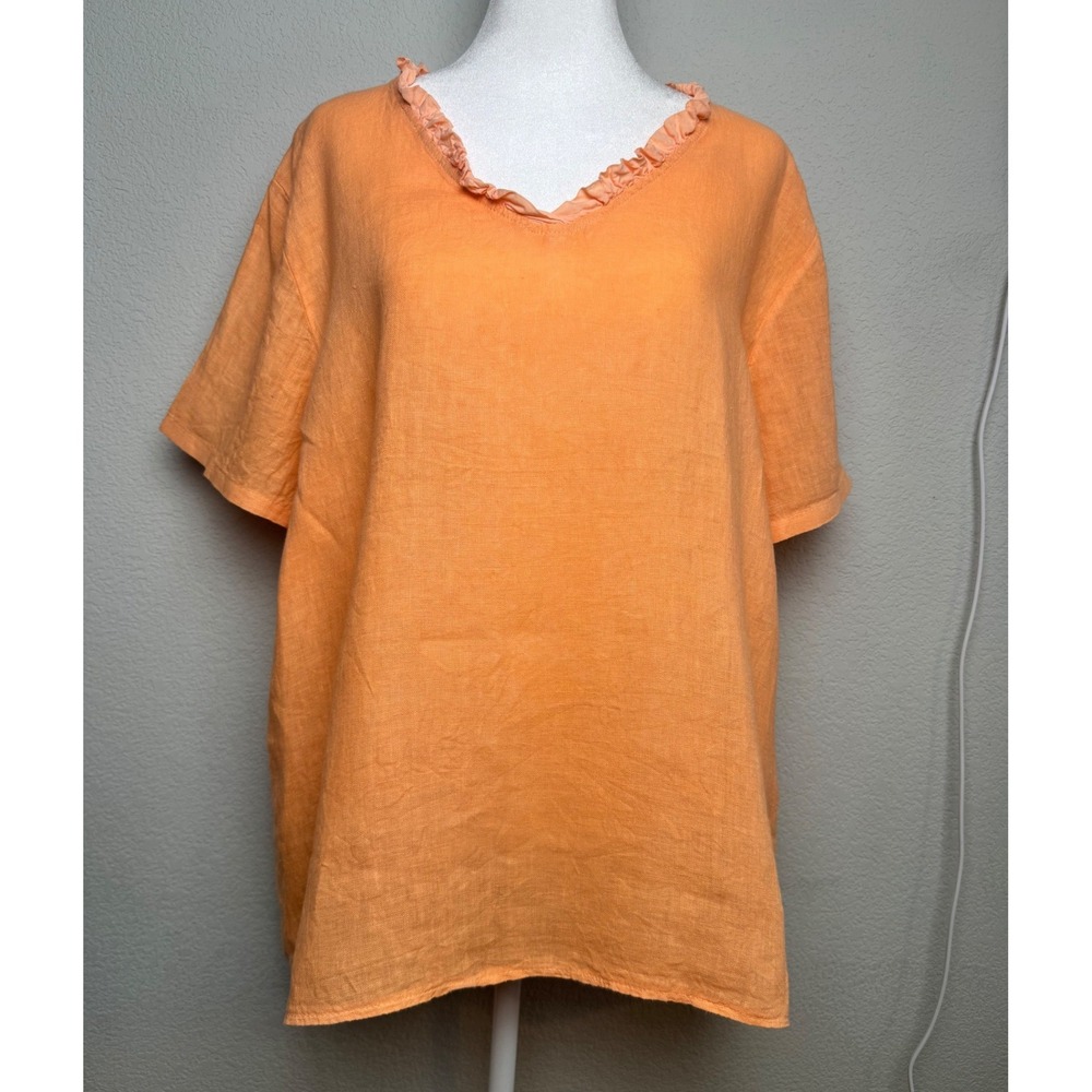 M Made in Italy Orange 100% Linen Ruffle V-Neck Tunic Top XL Short Sleeve Boho